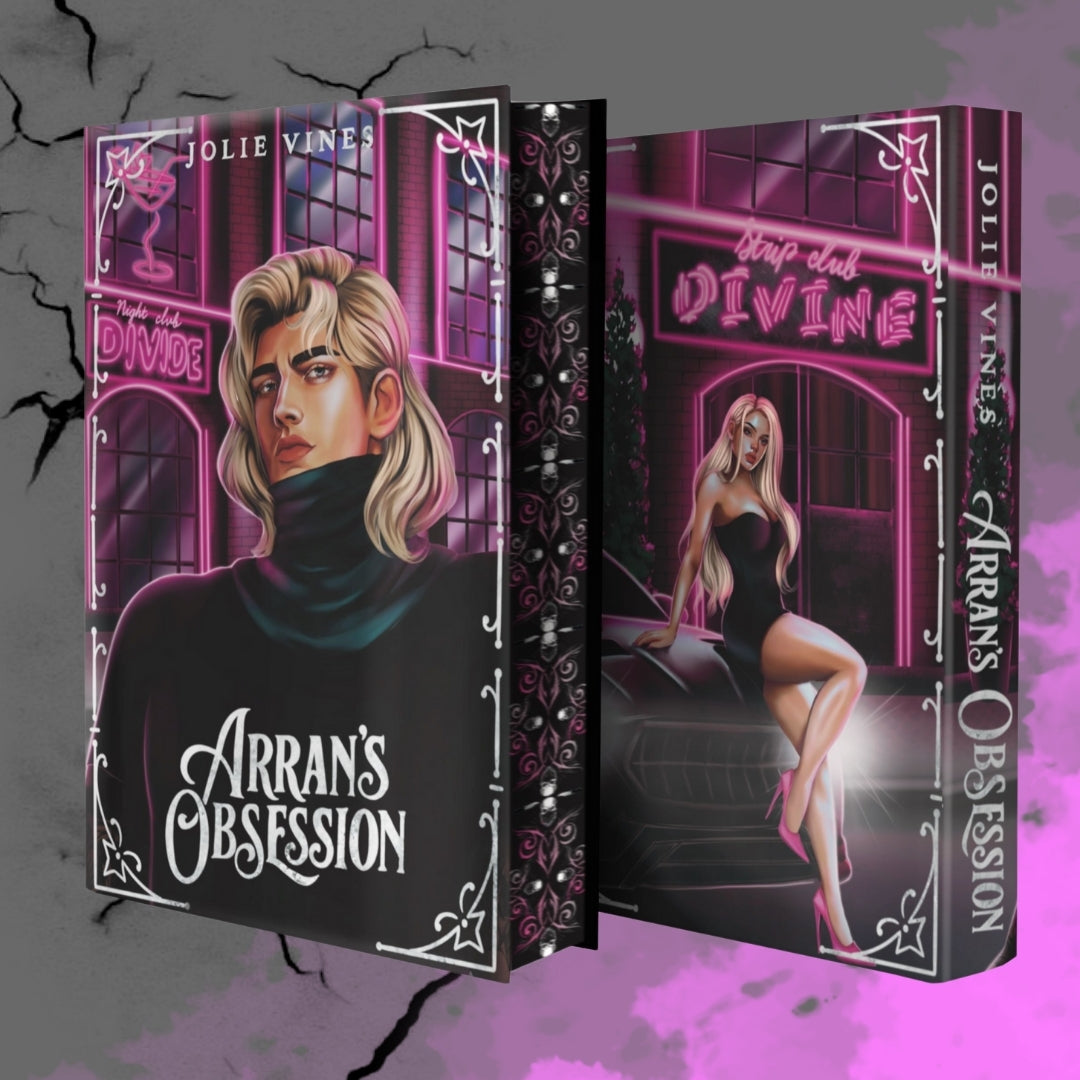 Book titled 'Arran's Obsession' with a cover featuring a woman in a black dress and neon sign.